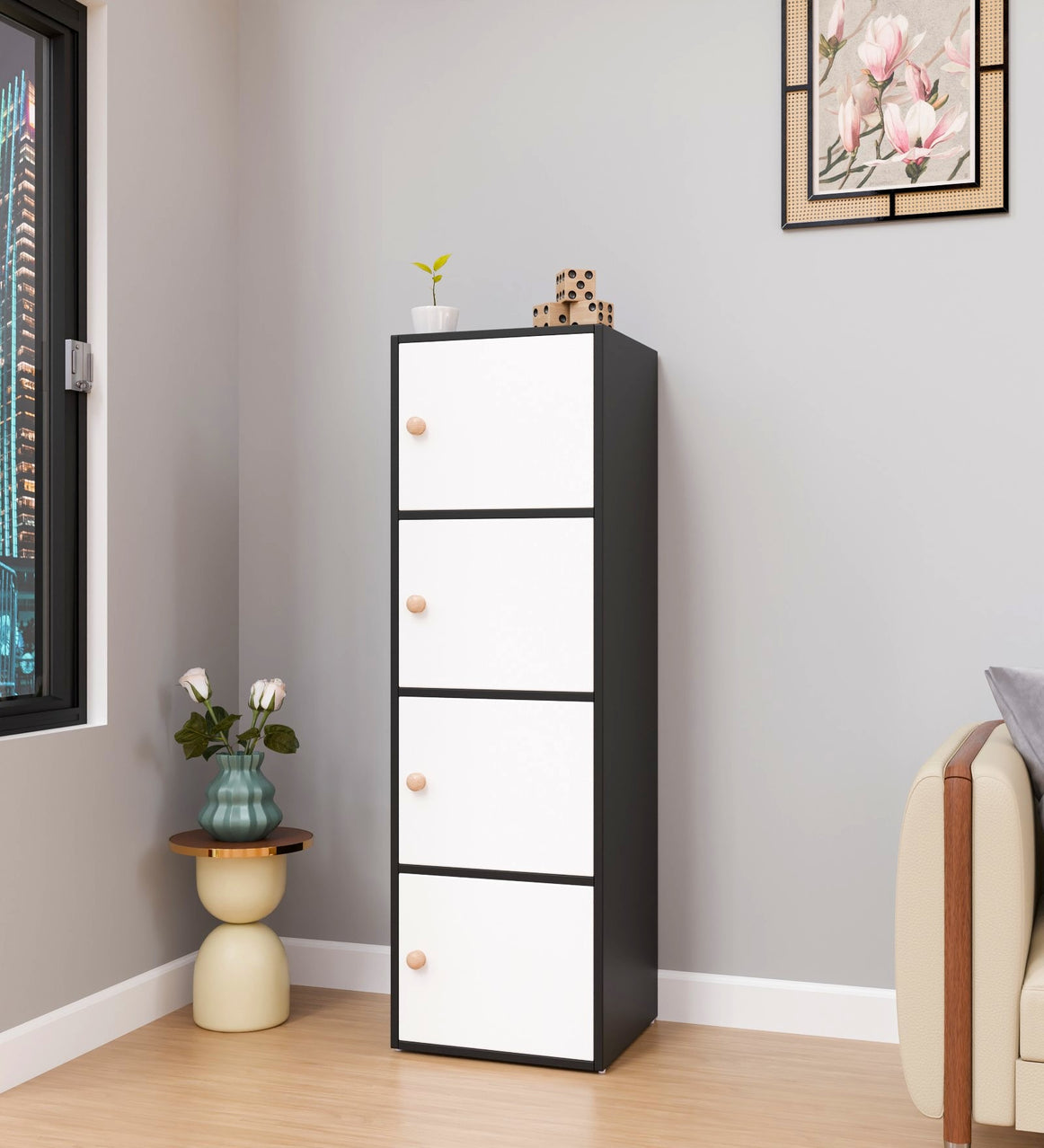 SpyderCraft Matte Finish Corso Multipurpose Storage Cabinet| Corso 4-Door Storage Cabinet – Black & White Wooden Organizer| Do-It-Yourself Product
