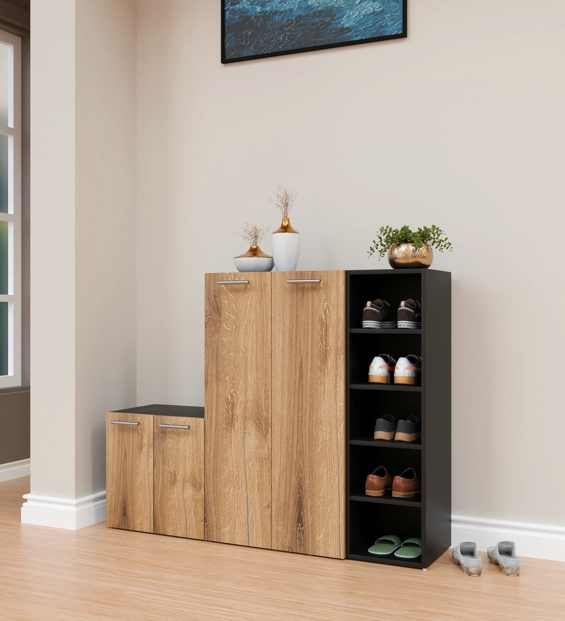 SpyderCraft Louis Shoe Rack – Elegant Shoe Storage Cabinet with Multi-Level Shelving for Modern Homes| Color: Canyon Oak and Black|