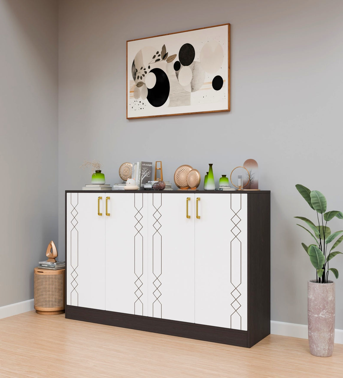 Spydercraft Embellix Multipurpose Storage Cabinet – 4 Door Organizer Unit (139 x 90 x 35 cm) | Wenge Brown & White with Gold Handles & Geometric Detailing