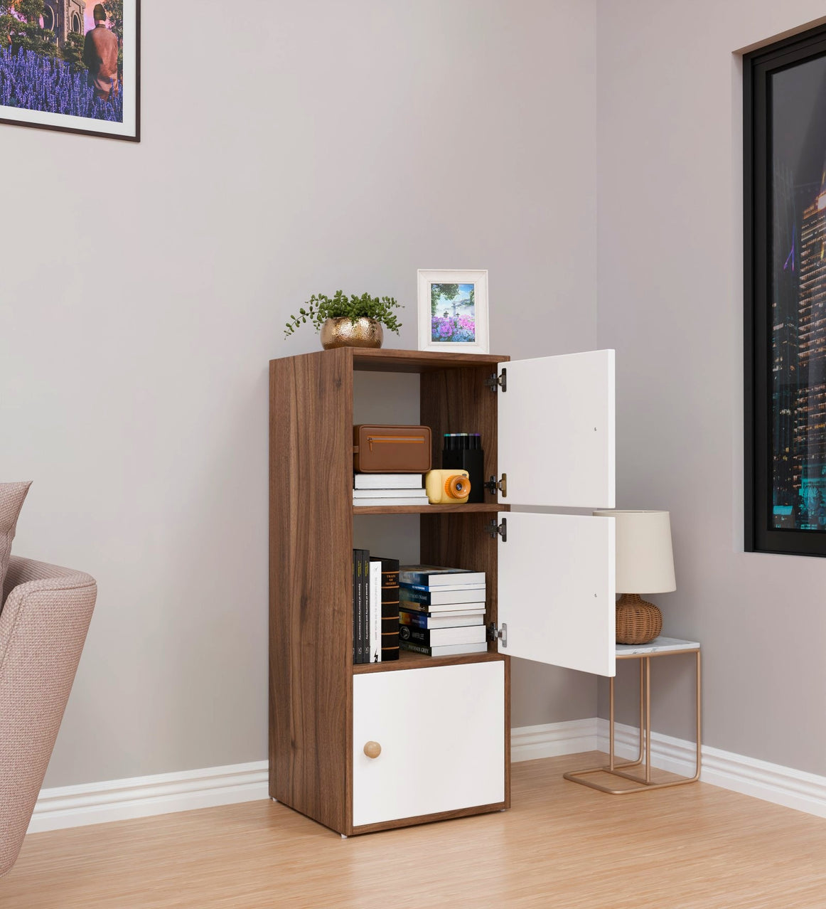 Spydercraft Matte Finish Dorio Multipurpose Storage Floor Mounted Cabinet| Modern 3-Door Storage Cabinet – Noce Lyon & White Wooden Organizer| Do-IT-Yourself Product