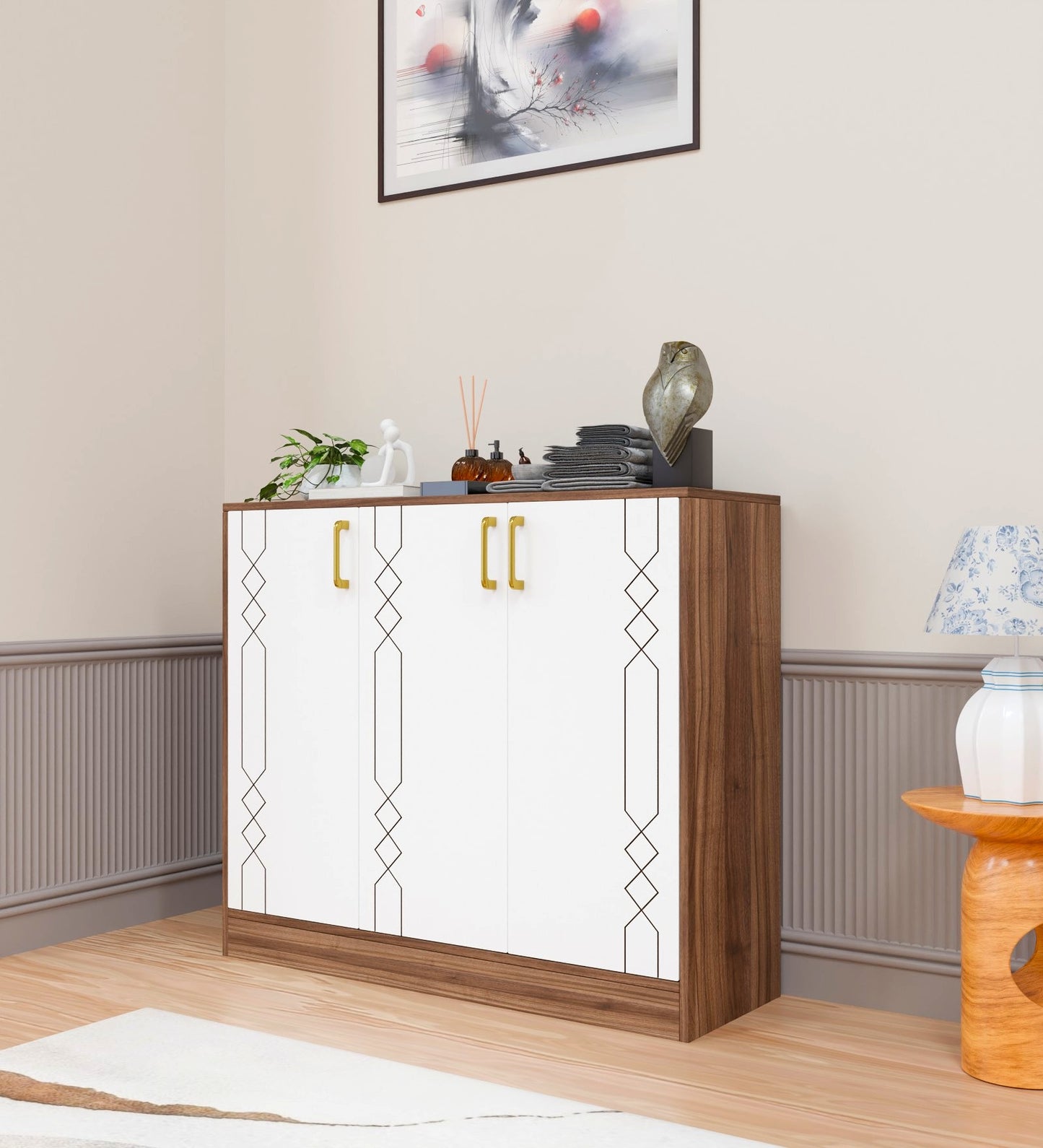 Spydercraft Lupin Multipurpose Cabinet – 3-Door Storage Unit (105 x 90 x 35 cm) | White & Noce Lyon Finish with Geometric Design