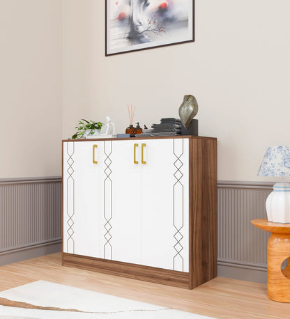 Spydercraft Lupin Multipurpose Cabinet – 3-Door Storage Unit (105 x 90 x 35 cm) | White & Noce Lyon Finish with Geometric Design