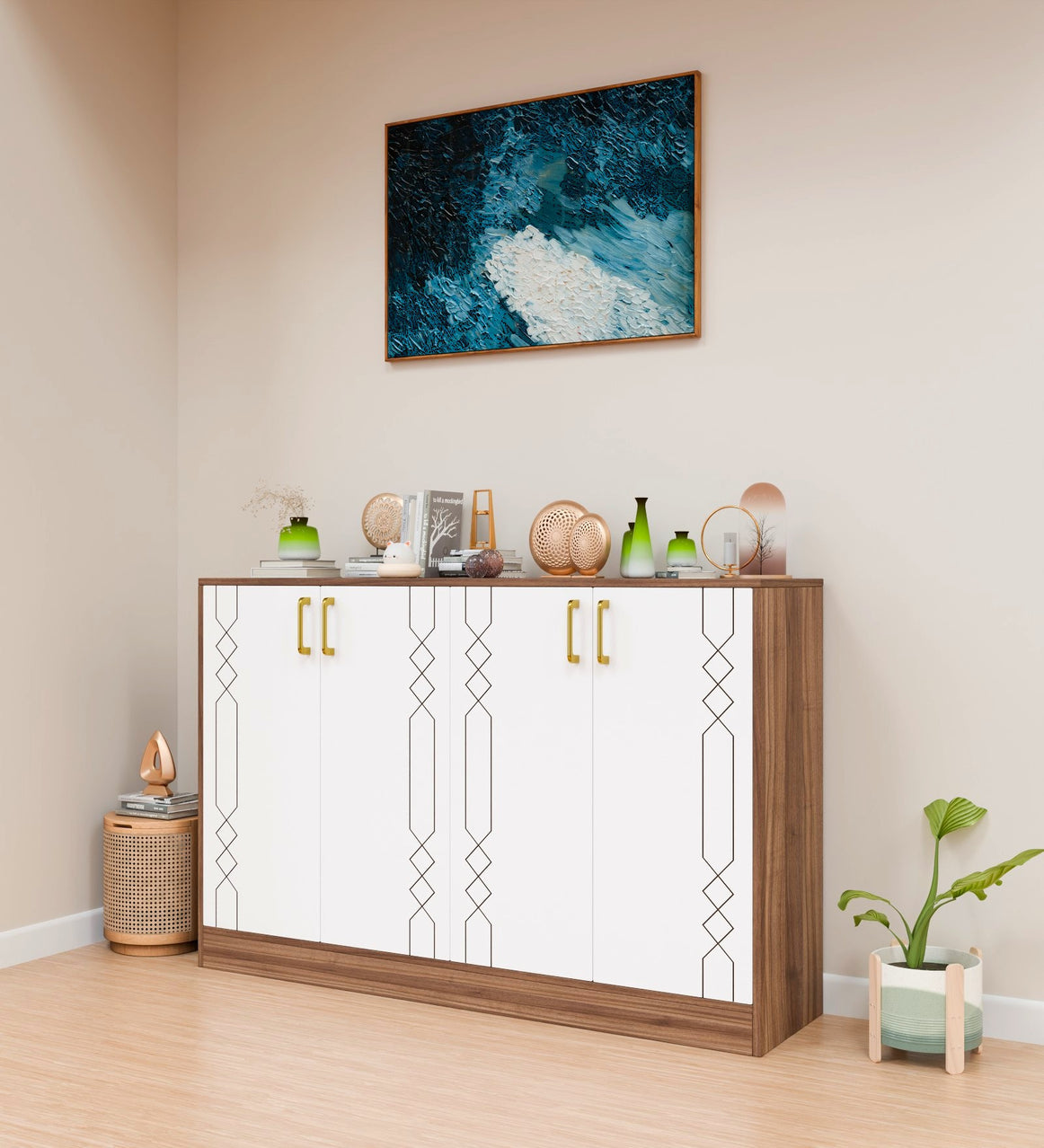 Spydercraft Embellix Multipurpose Storage Cabinet – 4 Door Organizer Unit (139 x 90 x 35 cm) | Noce Lyon & White with Gold Handles & Geometric Detailing