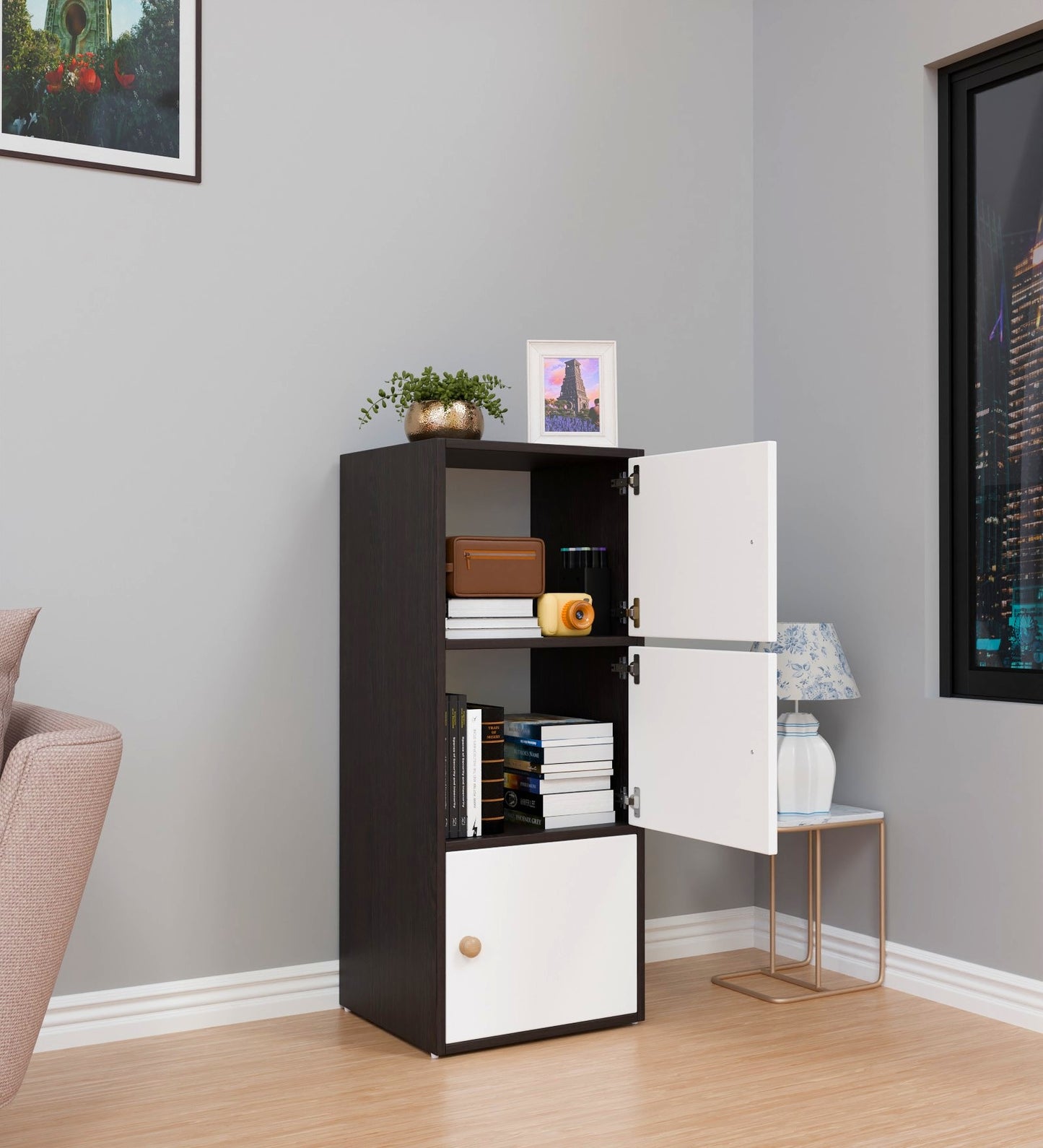 Spydercraft Matte Finish Dorio Multipurpose Storage Floor Mounted Cabinet| Modern 3-Door Storage Cabinet – Wenge Brown & White Wooden Organizer| Do-IT-Yourself Product