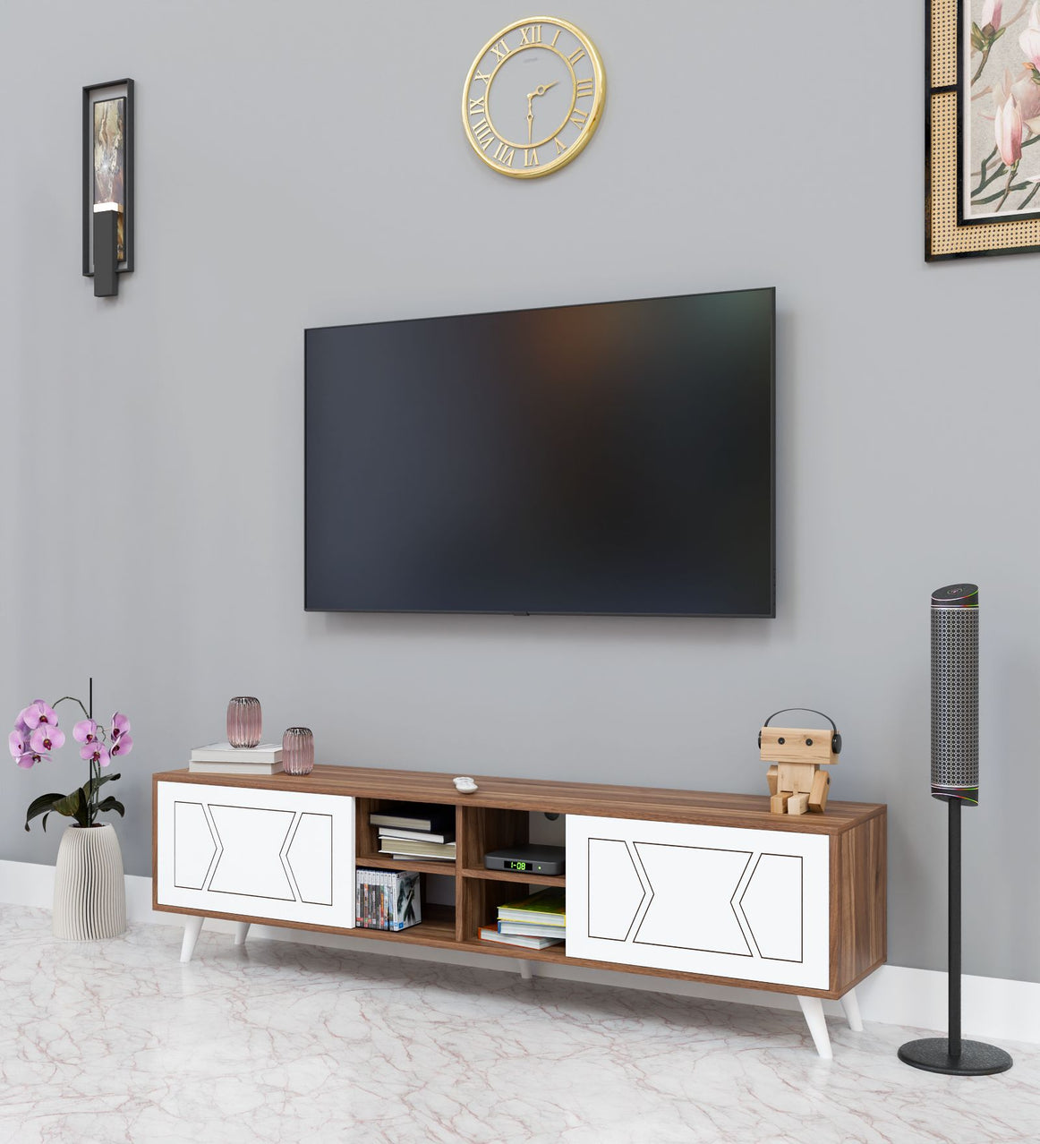 Spydercraft Matte Finish Flaire TV Unit| Color: White and Noce Lyon| Do- It- Yourself Product