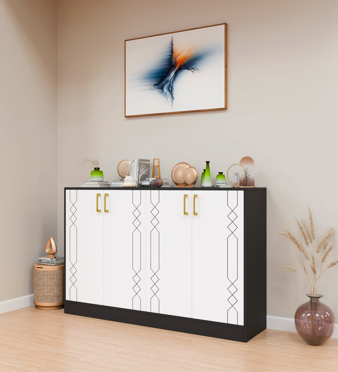 Spydercraft Embellix Multipurpose Storage Cabinet – 4 Door Organizer Unit (139 x 90 x 35 cm) | Black & White with Gold Handles & Geometric Detailing