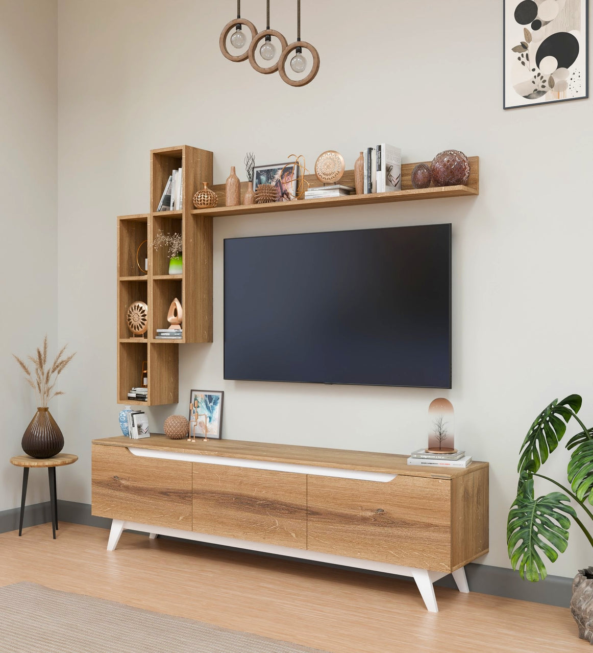 Spydercraft D3 Modern TV Unit with Wall Shelves – Entertainment Console Set (180 x 51 x 35 cm) | Canyon Oak & White Finish | Engineered Wood| Do-It-Yourself Product