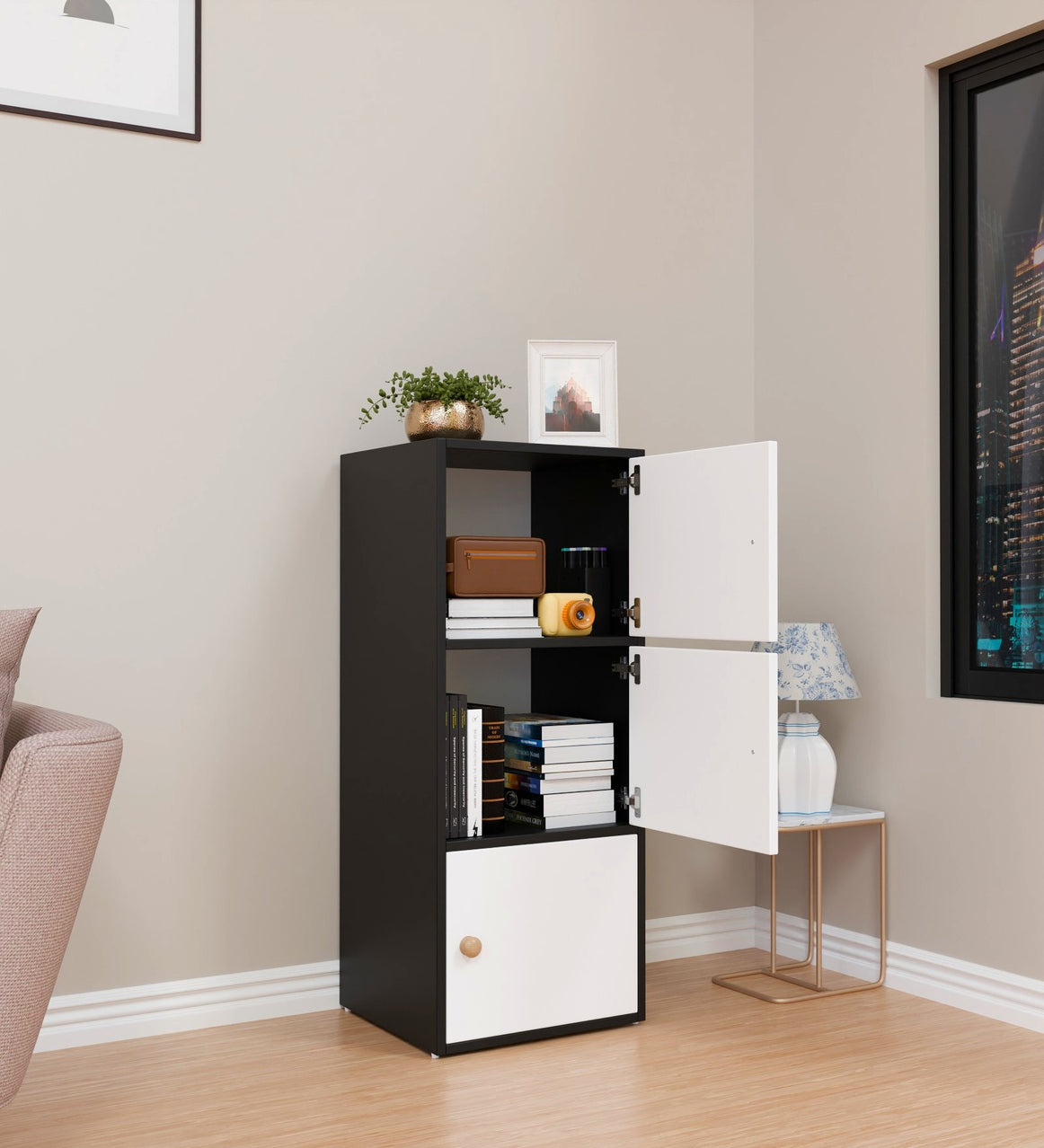 Spydercraft Matte Finish Dorio Multipurpose Storage Floor Mounted Cabinet| Modern 3-Door Storage Cabinet – Black & White Wooden Organizer| Do-IT-Yourself Product