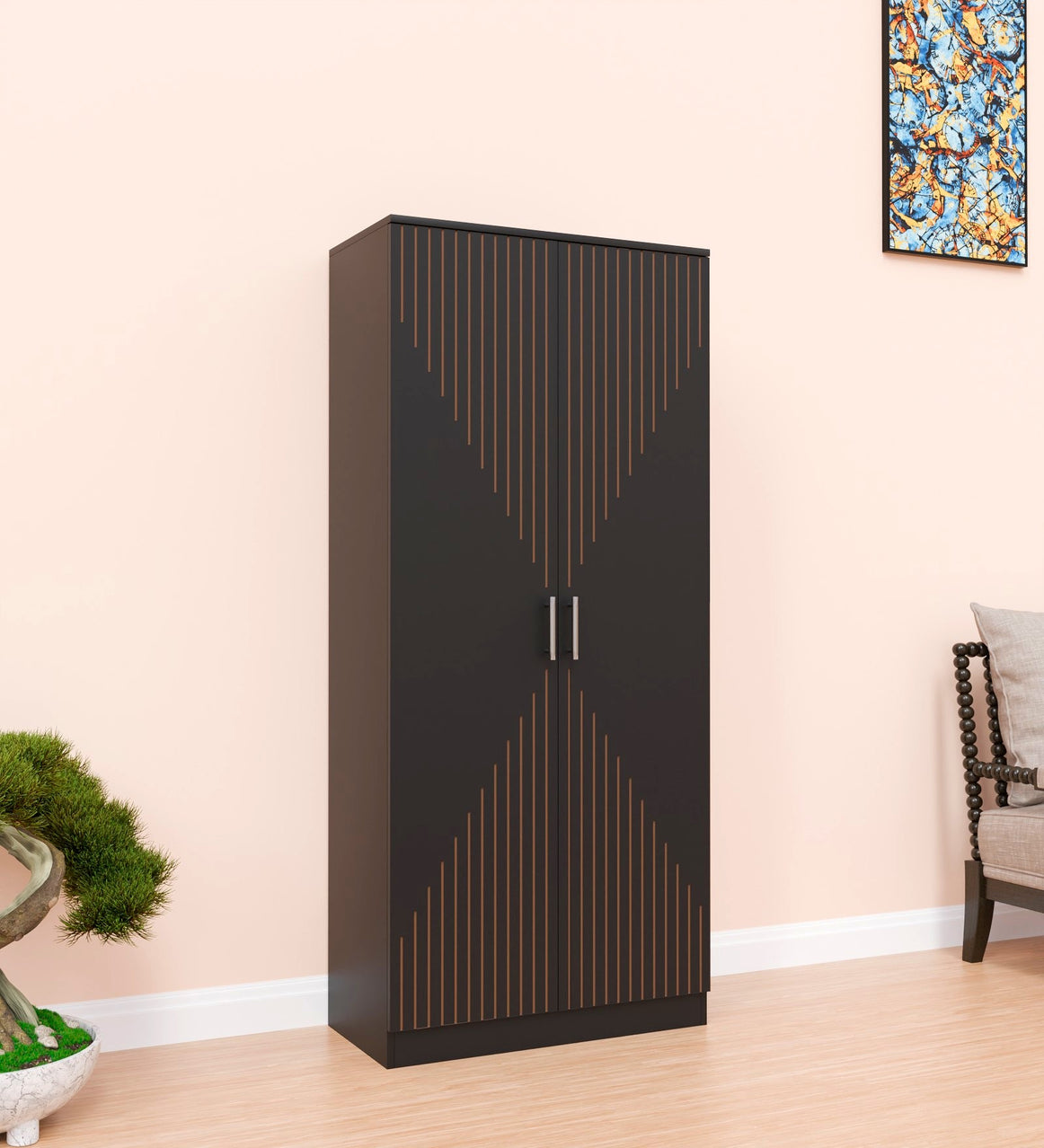 Spydercraft Matte Finish Albite Modern 2-Door Black Wardrobe with Vertical Gold Accents| Color: Black| Do-It-Yourself Product