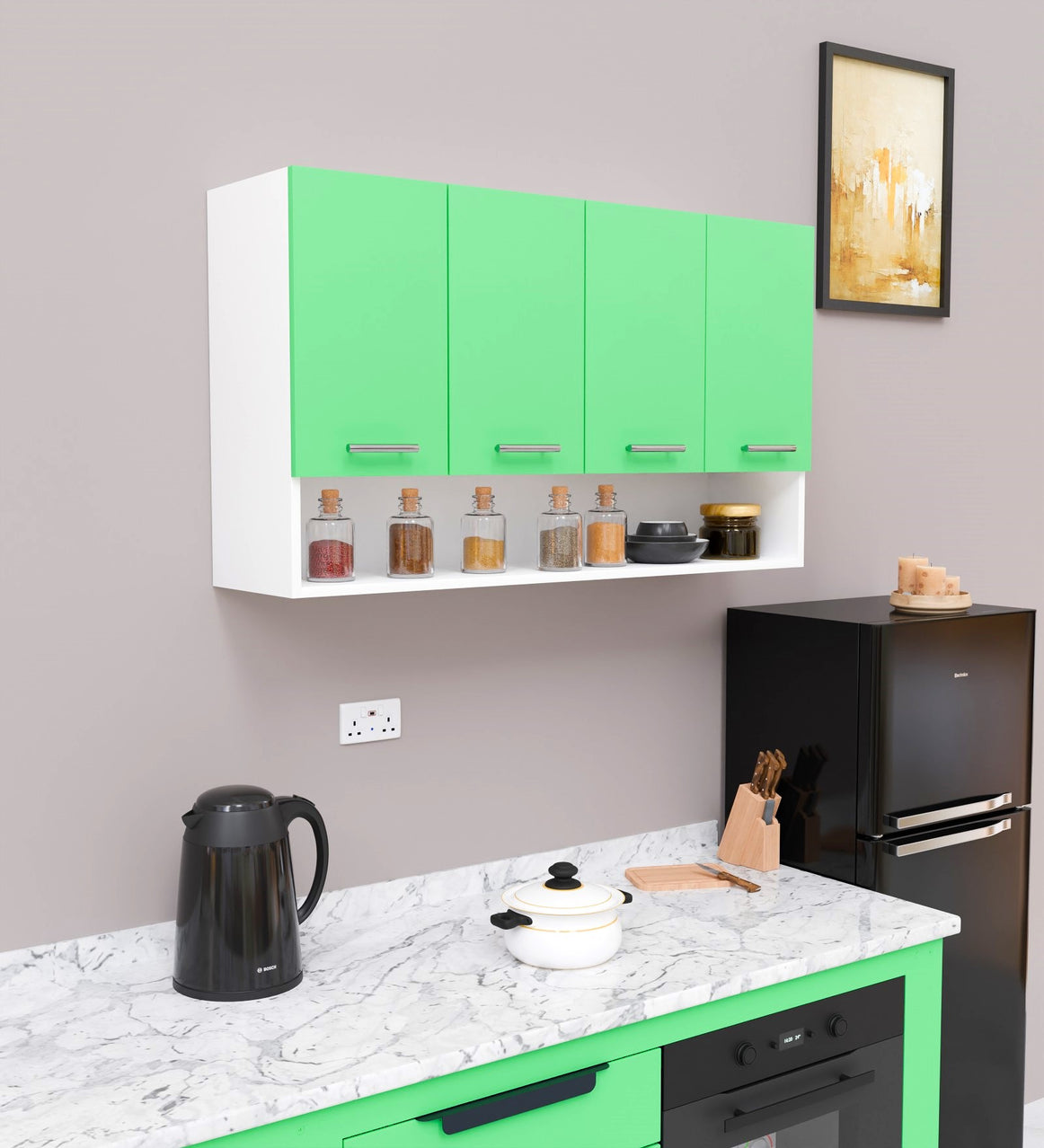 SPYDERCRAFT Matte Finish Myra (Four- Door) Kitchen Cabinet| Color: Green and White| Do-It-Yourself Product