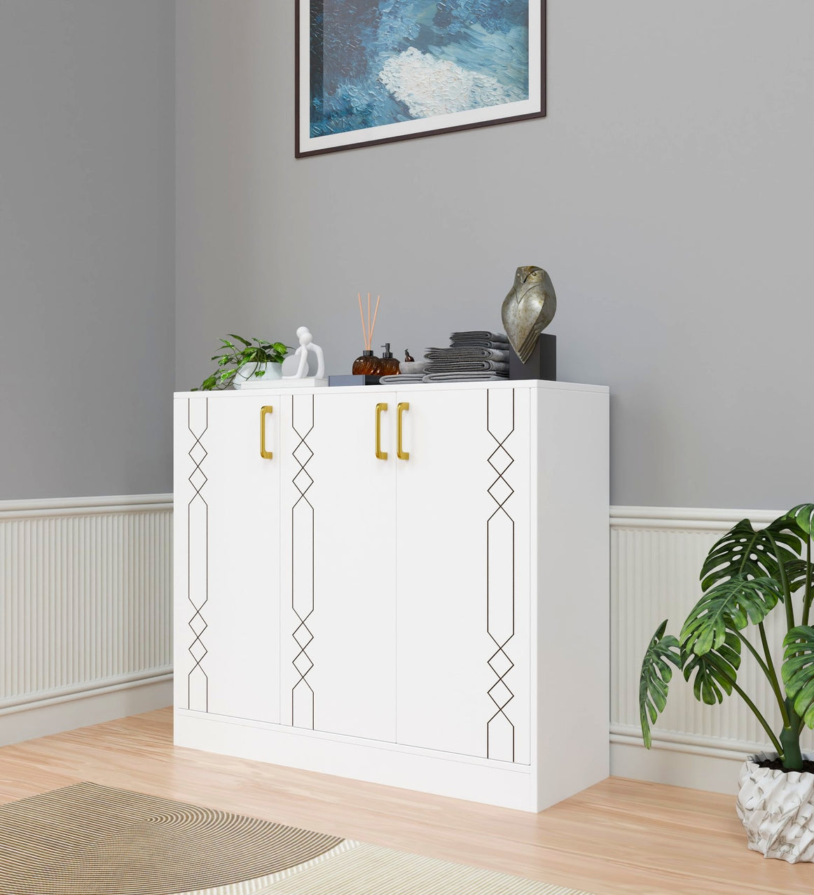 Spydercraft Lupin Multipurpose Cabinet – 3-Door Storage Unit (105 x 90 x 35 cm) | White with Gold Handles & Geometric Design