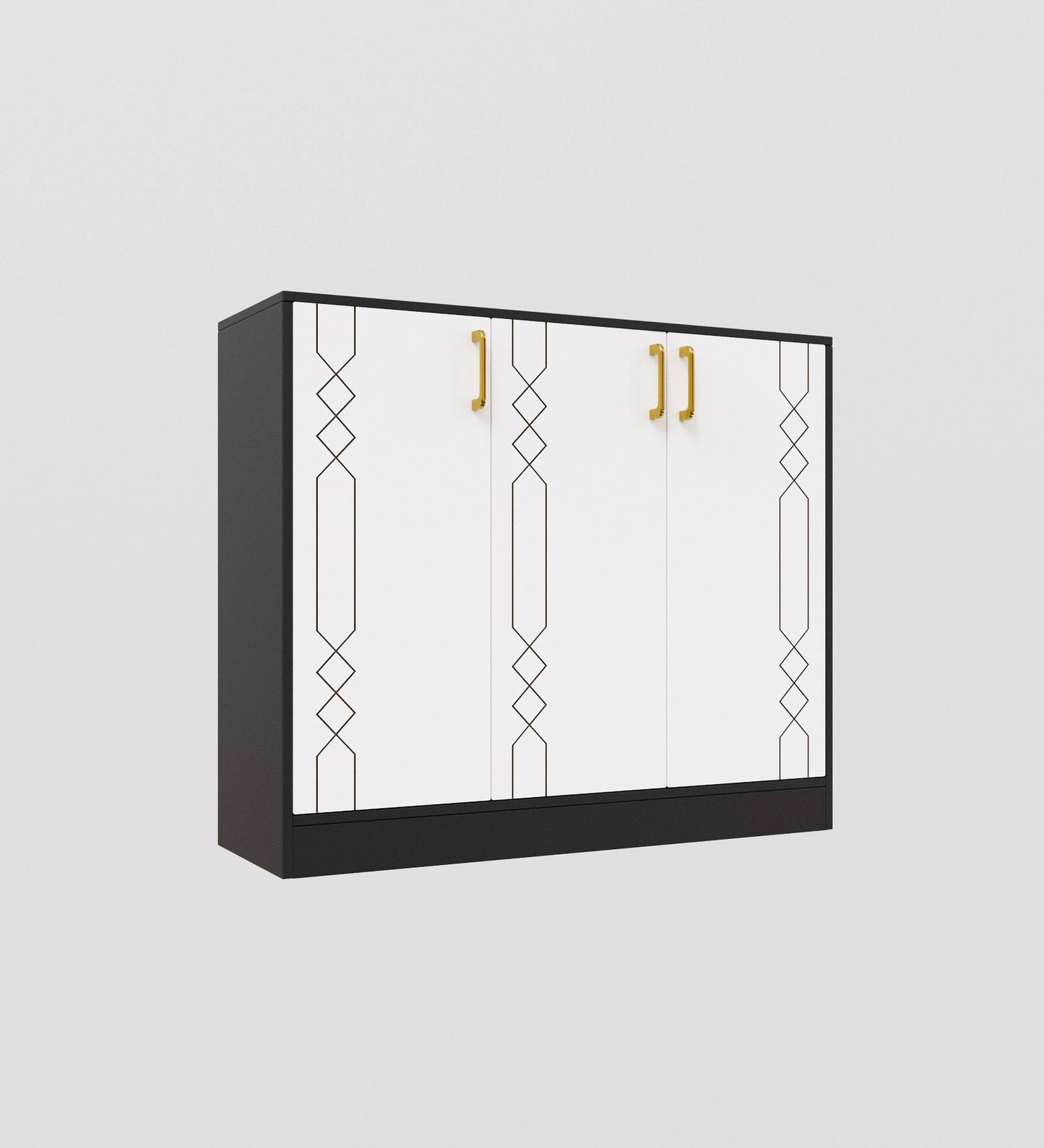 Spydercraft Lupin Multipurpose Cabinet – 3-Door Storage Unit (105 x 90 x 35 cm) | White & Black Finish with Geometric Design