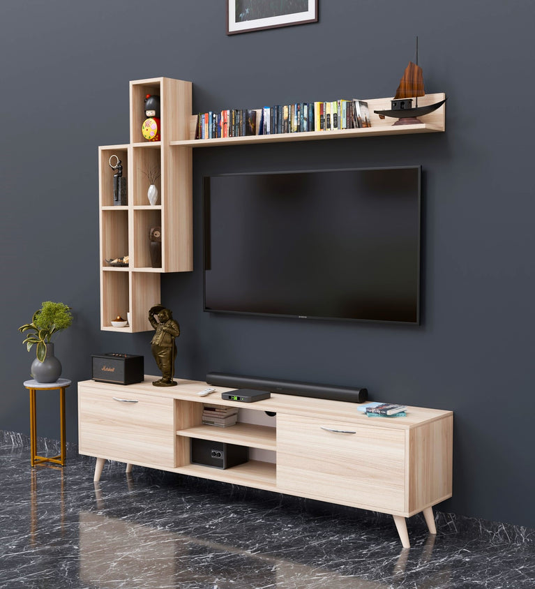 SPYDERCRAFT Matte Finish M5 TV Entertainment Unit with Shelves| Color: Asia Walnut Light| Do- It- Yourself Product