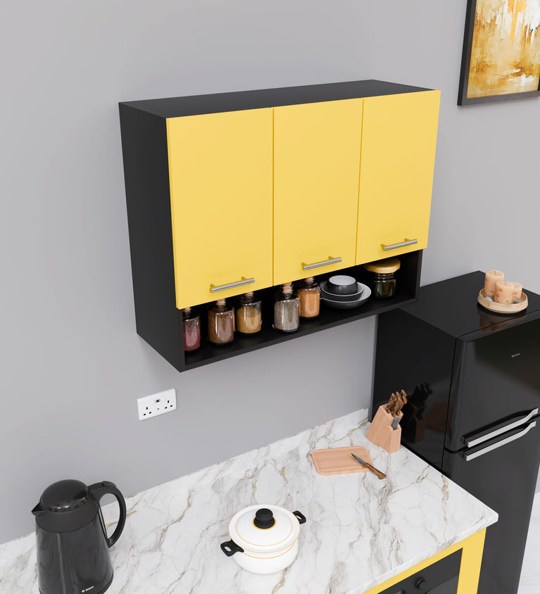 SPYDERCRAFT Matte Finish Blitz (Three Door) Kitchen Cabinet| Color: Yellow and Black| Do-It-Yourself Product