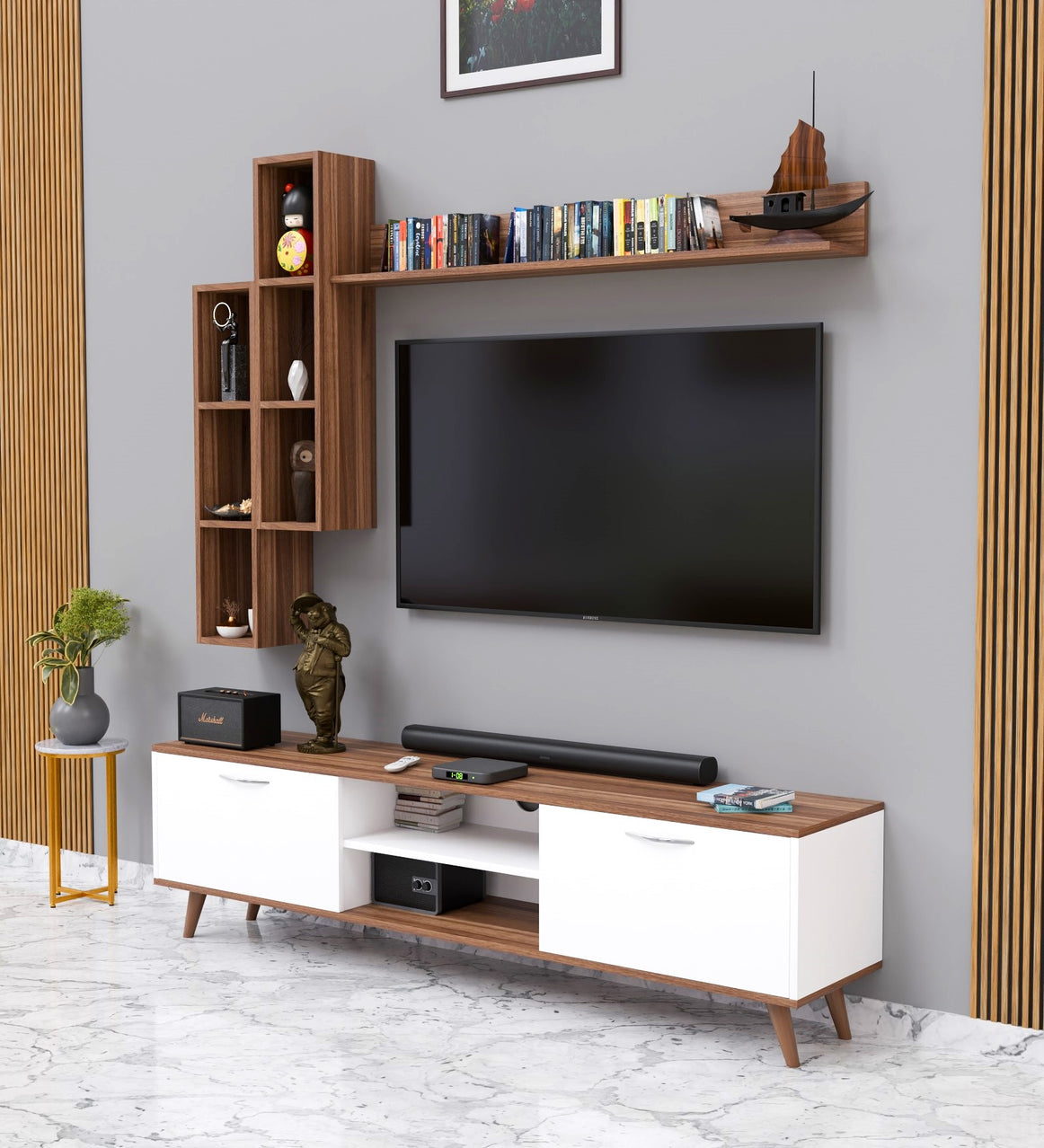 Spyder Craft Matte Finish B12 TV Unit with Wall Shelf TV Stand with Bookshelf Wall Mounted Size: 180 cm, Color: White || Assembly -DIY (Do-It-Yourself)