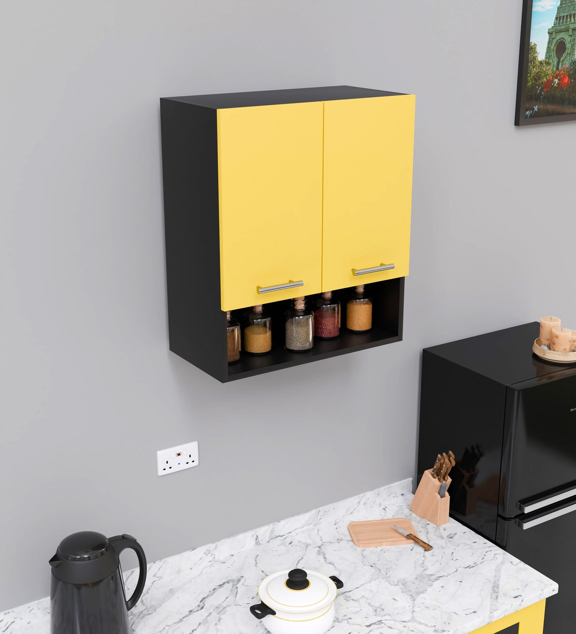 Spyder Craft 2 Door 125 Modern Kitchen Cabinet -Transform Your Space with Ample Storage,Chic Style & Easy Organization for Effortless Cooking||Color:-Black & Yellow|| Assembly-DIY (Do-It-Yourself)