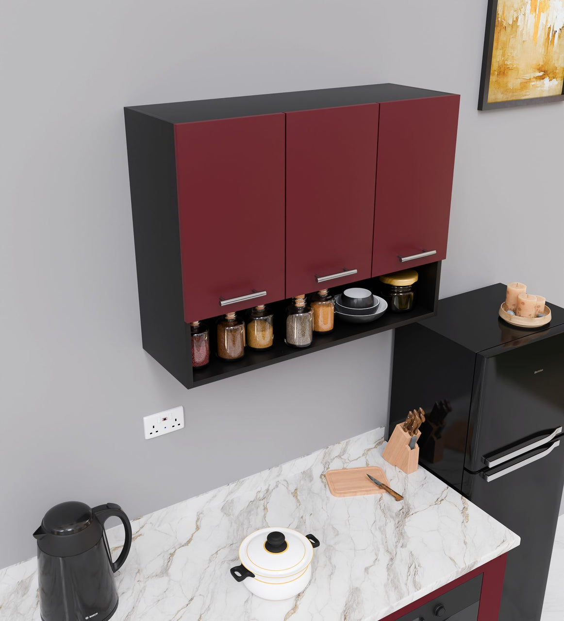 SPYDERCRAFT Matte FInish Blitz (Three Door) Kitchen Cabinet| Color: Burgundy and Black| Do-It-Yourself Product