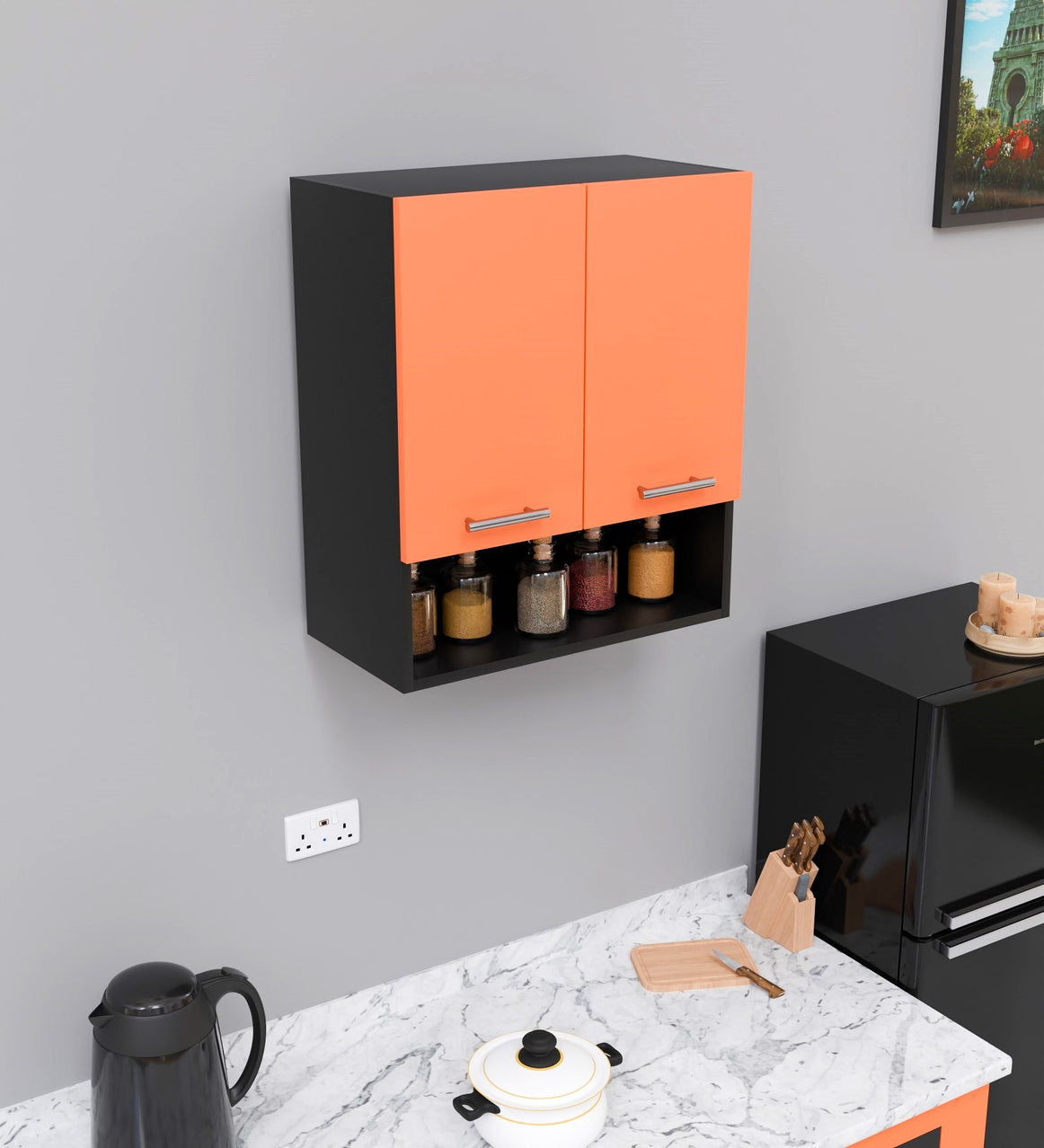 Spyder Craft 2 Door 125 Modern Kitchen Cabinet -Transform Your Space with Ample Storage,Chic Style & Easy Organization for Effortless Cooking||Color:-Black & Saffron|| Assembly-DIY (Do-It-Yourself)