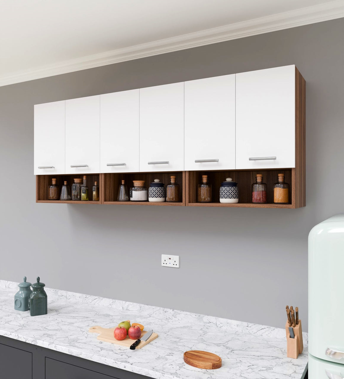 Spydercraft Cleffa Matte Finish Six Door Wall Mounted Kitchen Cabinet| Color: White and Noce Lyon|