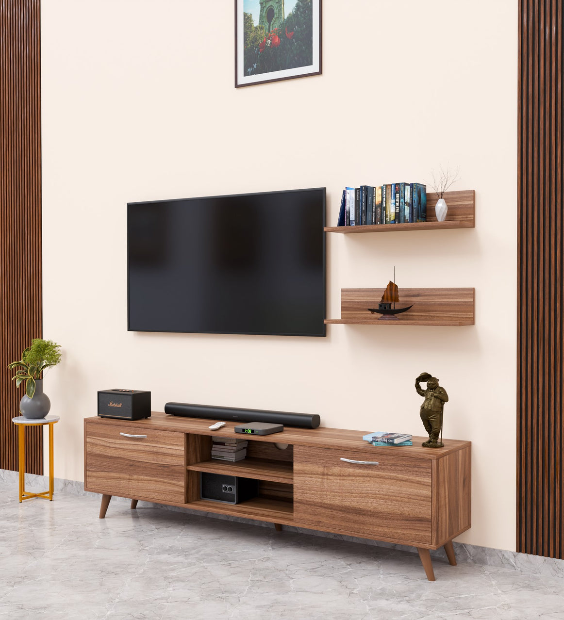 Spyder Craft A9 Tv Unit With Wall Shelf Tv Stand With Bookshelf Wall Mounted With Shelf Modern Leg 180 cm Miniature Walnut M23