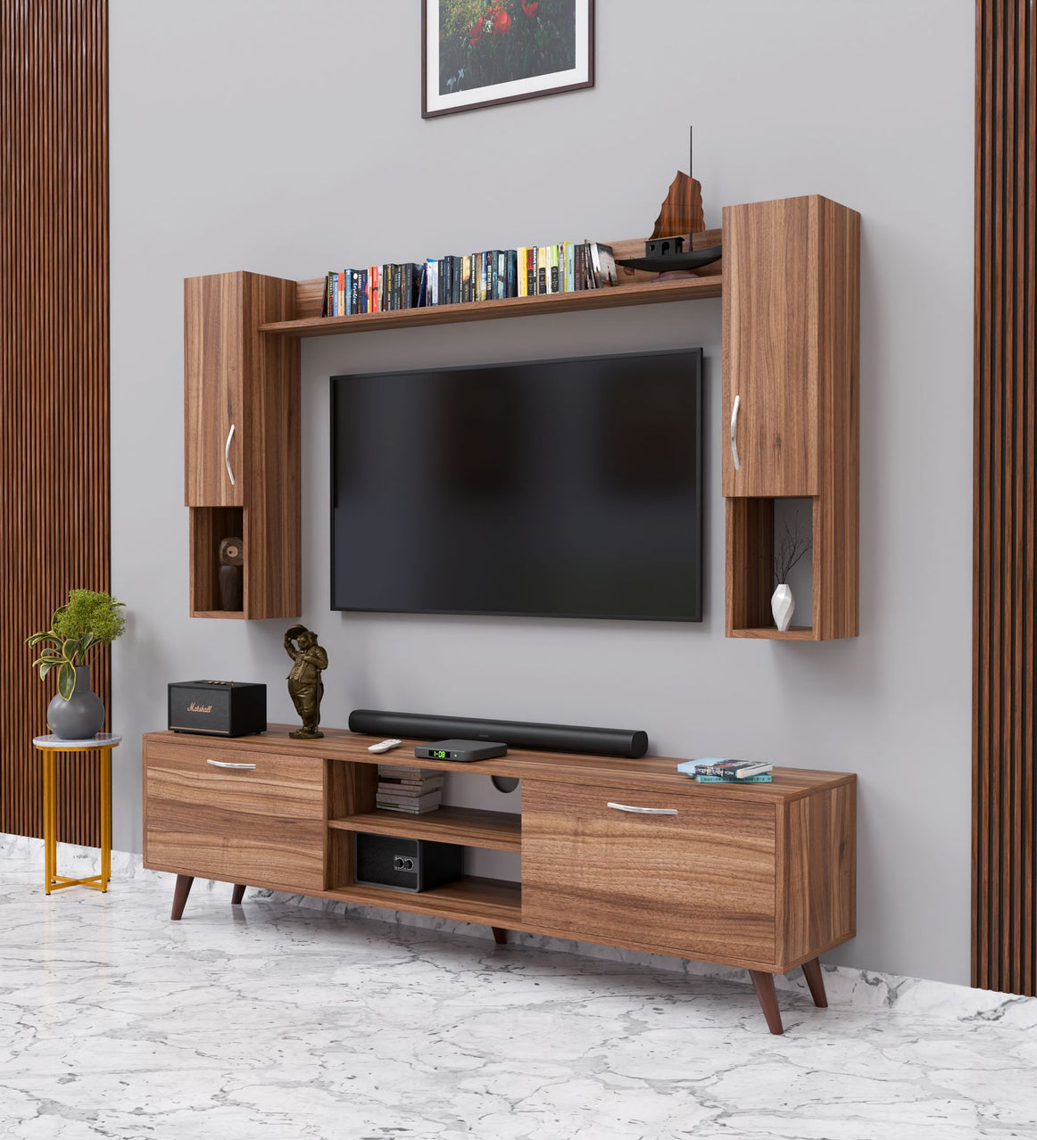 Spyder Home Decore Craft Matte Finish M5 Tv Unit with Wall Shelf, Wall Mounted with Shelf Modern Leg, 180 Cm Color: Noce Lyon || Assembly -DIY (Do-It-Yourself)