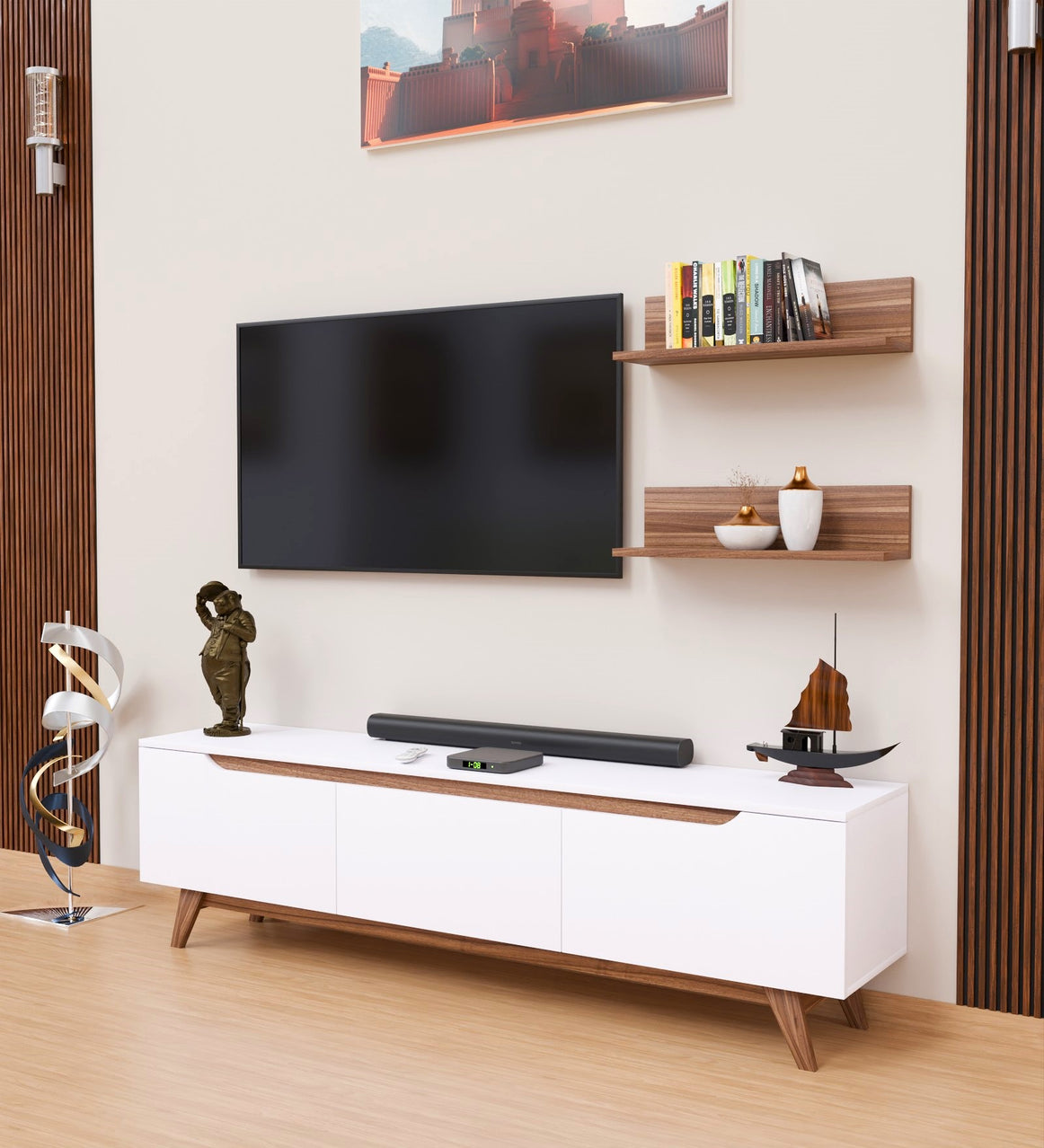 SPYDER CRAFT Lotus Engineered Wood TV Entertainment Unit Stand Setup Box/TV Cabinet with Wall Mounted Cabinet for Books & Decor Display Unit-White and Noce Lyon (Assembly-DIY)