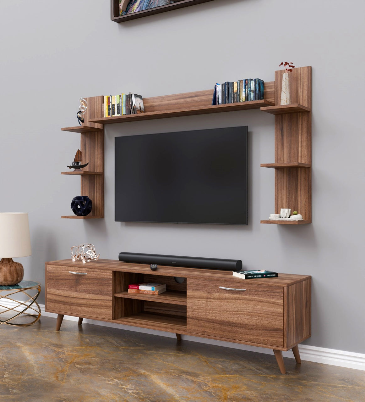 SPYDER CRAFT Matte Finish A9 TV Unit with Wall Shelf TV Stand with Bookshelf Wall Mounted with Shelf Modern Leg 180 cm Basket Walnut Color: Brown || Assembly -DIY (Do-It-Yourself)