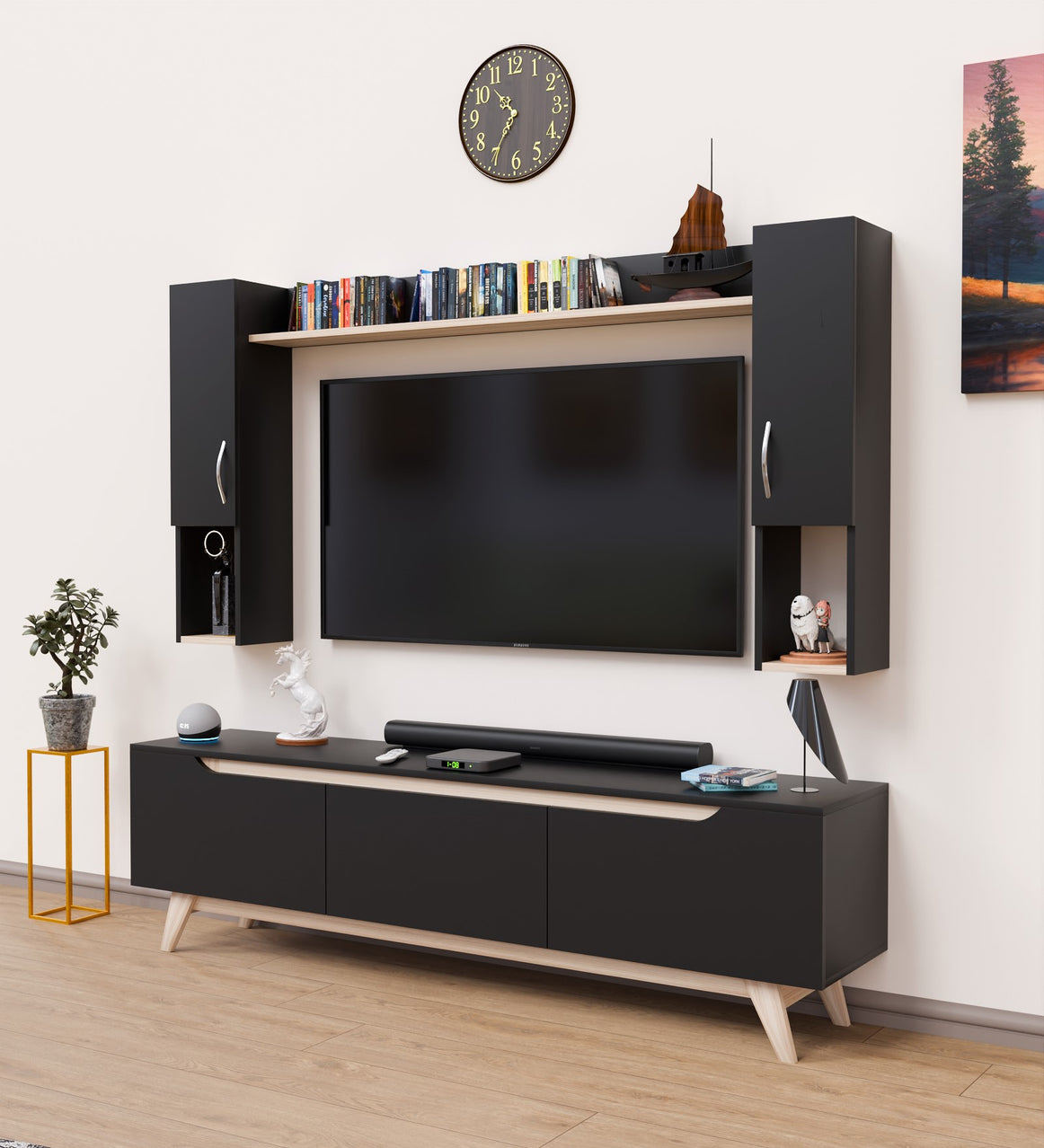 Spyder Craft Matte Finish D3 Black TV Unit with Wall Shelf, TV Stand with Bookshelf Wall Mounted with Shelf, Color: Black || Assembly-DIY (Do-It-Yourself)