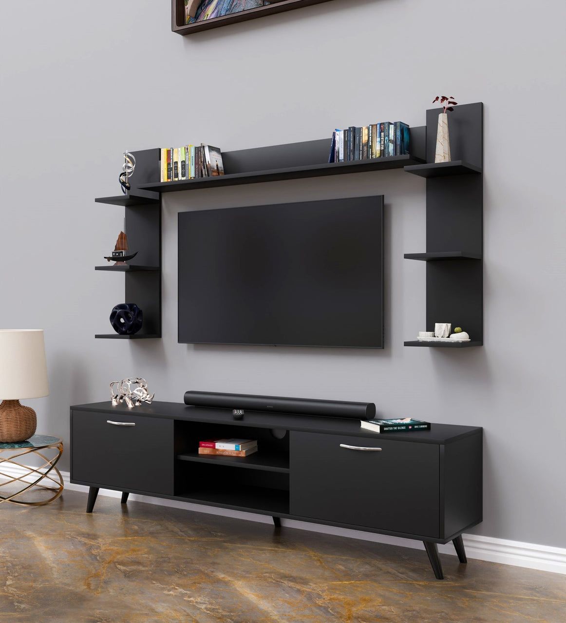 Spyder Home Decore Craft A9 Tv Unit with Wall Shelf Tv Stand with Bookshelf Wall Mounted with Shelf Modern Leg 180 Cm Basket Walnut Color: Black|Assembly -DIY (Do-It-Yourself), Engineered Wood