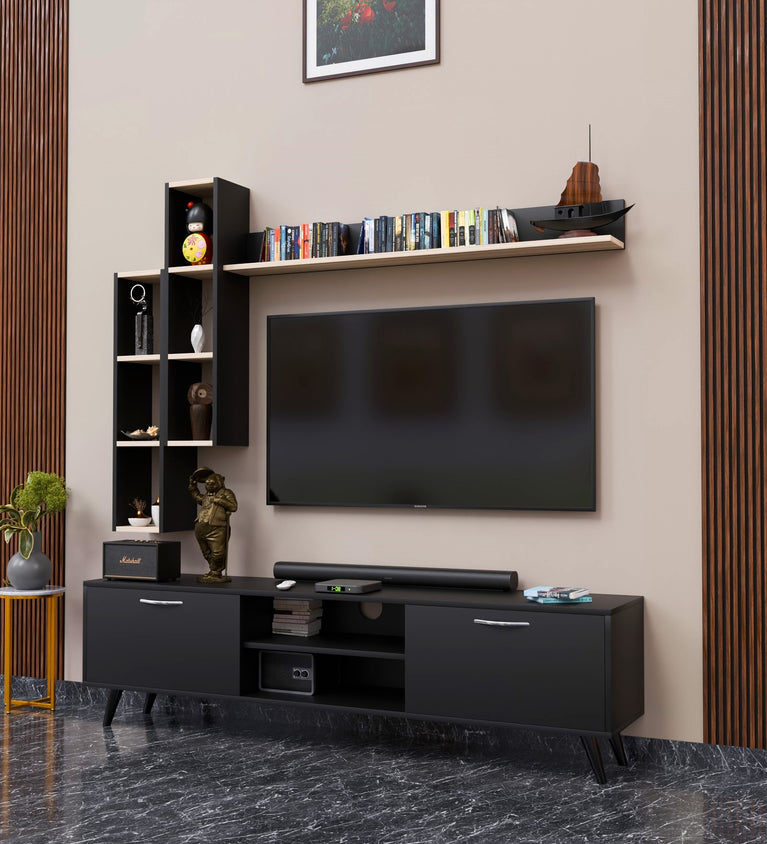 SPYDERCRAFT Matte Finish M5 TV Entertainment Unit with Shelves| Color: Black and Asia Walnut Light| Do- It- Yourself Product