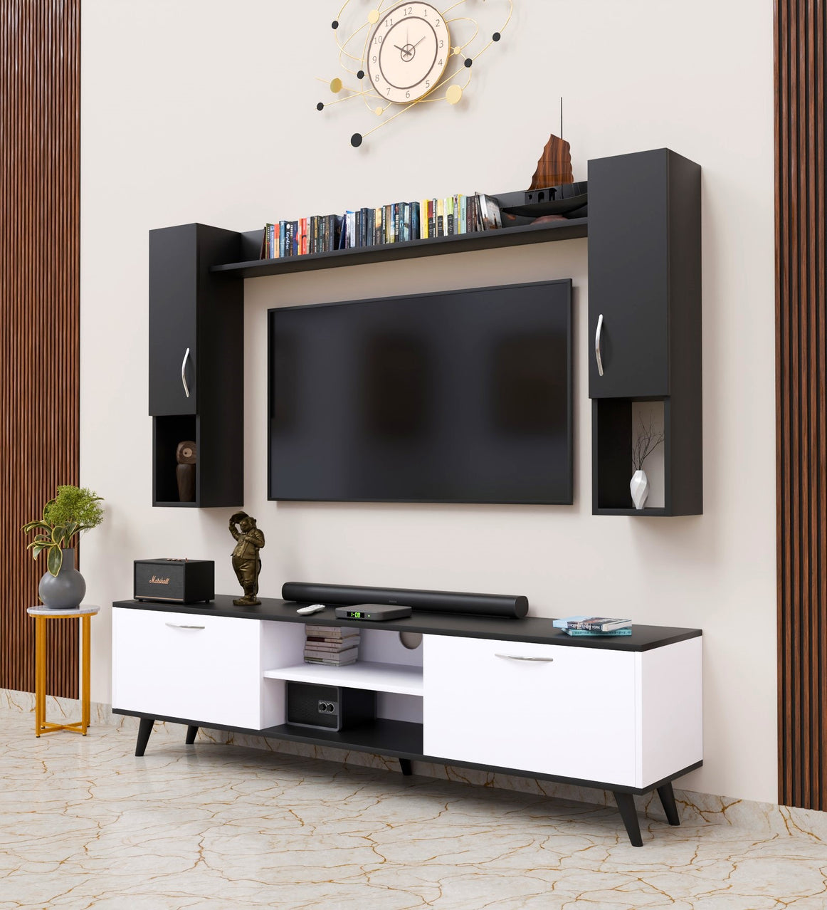 Spyder Home Decore Craft Matte Finish M5 Tv Unit with Wall Shelf, Wall Mounted with Shelf Modern Leg, 180 Cm Color: White and black|| Assembly -DIY (Do-It-Yourself)