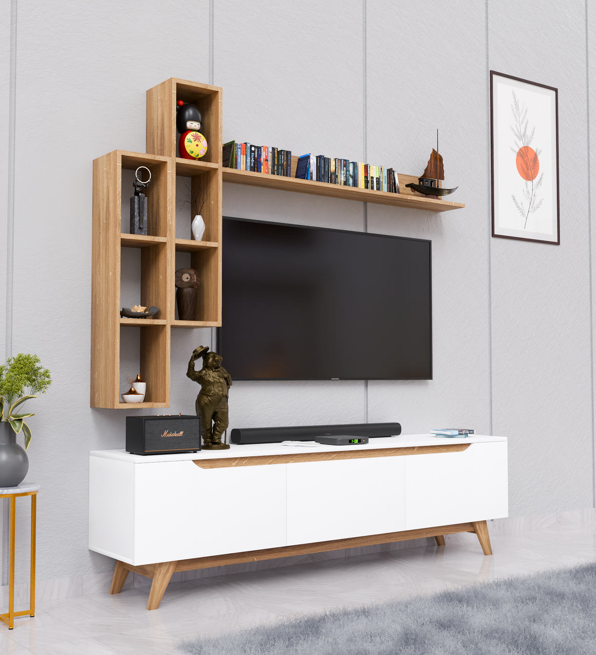 Spyder Craft D1 TV Unit With Wall Shelf Tv Stand With Bookshelf Wall Mounted With Shelf Modern Leg 180 cm White - Basket Walnut M16