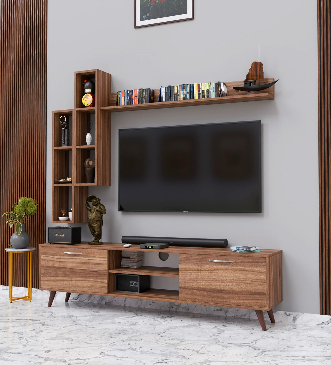 Spyder Craft A5 Tv Unit With Wall Shelf Tv Stand With Bookshelf Wall Mounted Shelves Modern Standing Basket Walnut - Noce Lyon M16