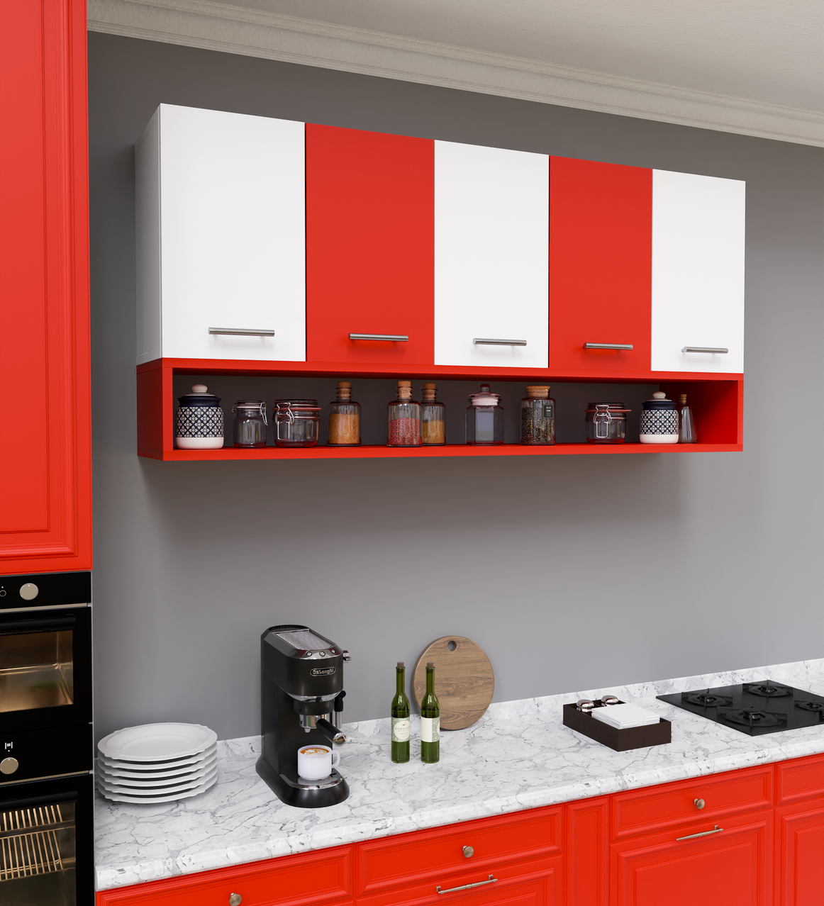 Spyder Craft 5 Door Matte Finish Merlin Kitchen Cabinet for Office|Hall |Kitchen Wall Mounted Cabinet for Kitchen |Living Room| Color:-Red & White|| Assembly-DIY (Do-It-Yourself)