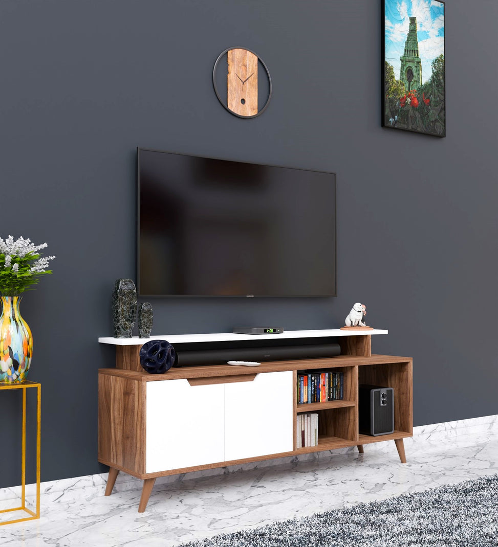 SpyderCraft Matte Finish Rhodium TV Unit| Stylish Modern Wooden TV Stand with Storage Shelves & Cabinets for Living Room| Color: Noce Lyon and White| Do-It-Yourself Product