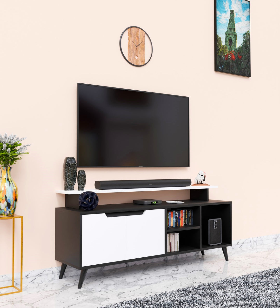 SpyderCraft Matte Finish Rhodium TV Unit| Stylish Modern Wooden TV Stand with Storage Shelves & Cabinets for Living Room| Color: Black and White| Do-It-Yourself Product