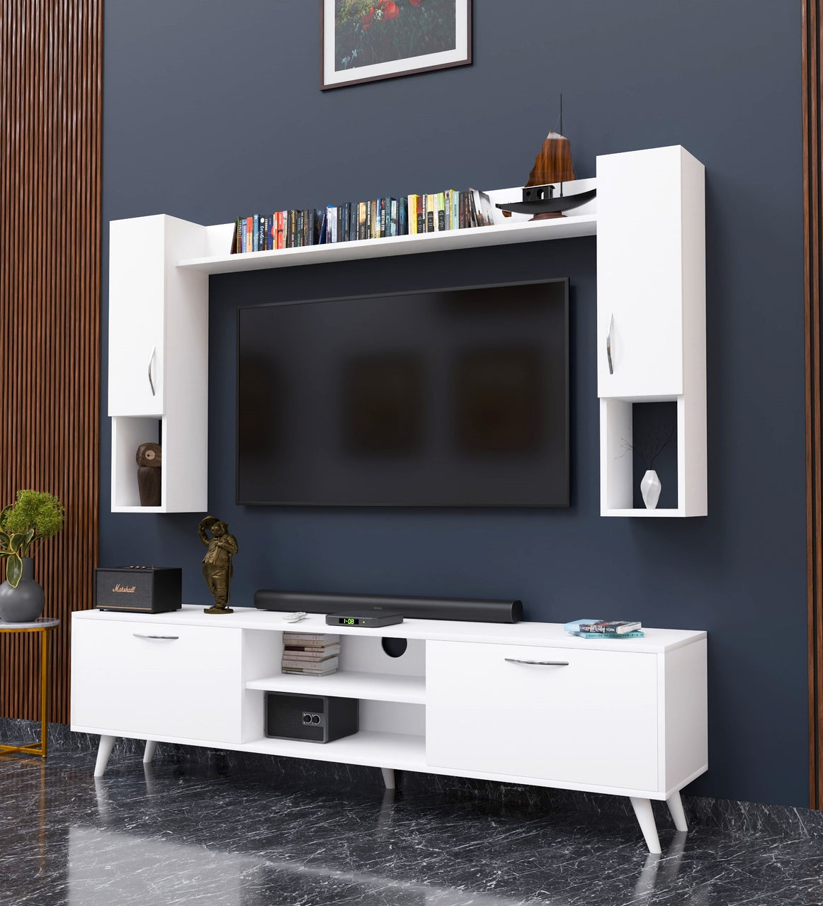 Spyder Home Decore Craft Matte Finish M5 Tv Unit with Wall Shelf, Wall Mounted with Shelf Modern Leg, 180 Cm Color:White || Assembly -DIY (Do-It-Yourself)