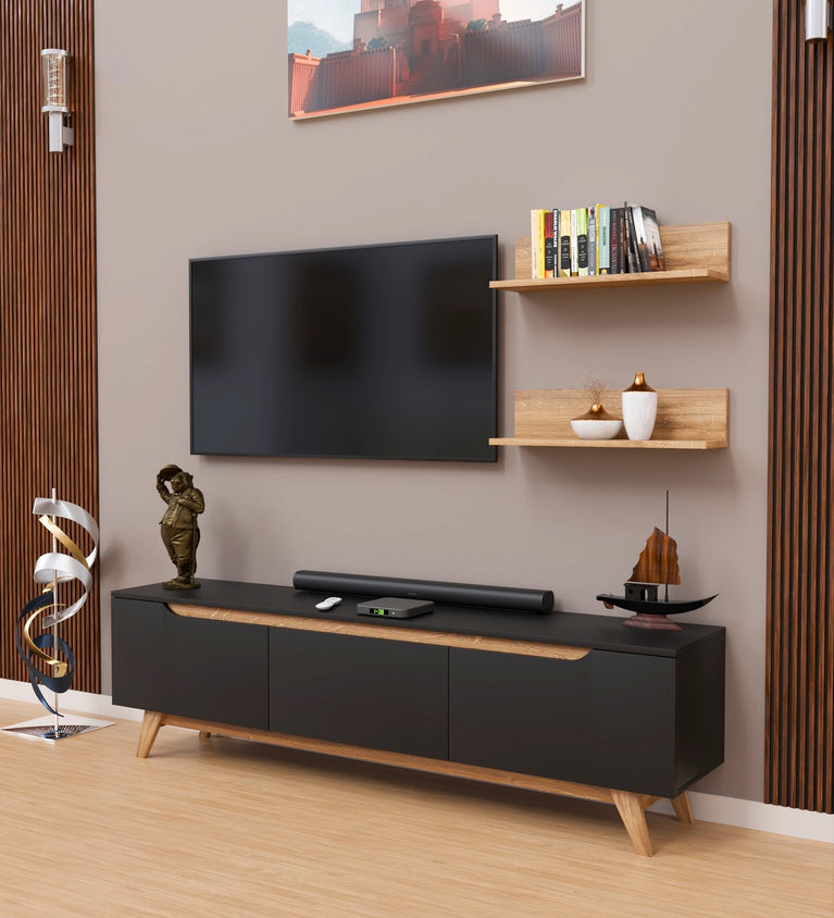 SPYDER CRAFT Lotus Engineered Wood TV Entertainment Unit Stand Setup Box/TV Cabinet with Wall Mounted Cabinet for Books & Decor Display Unit-Black-Walnut Brown (Assembly-DIY)