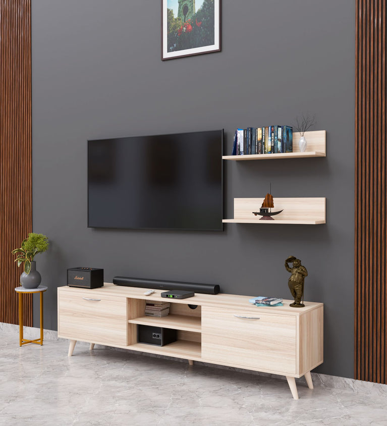 Spyder Craft A5 Tv Unit With Wall Shelf and Bookshelf Modern Free Standing Tv Stand Basket Walnut M48