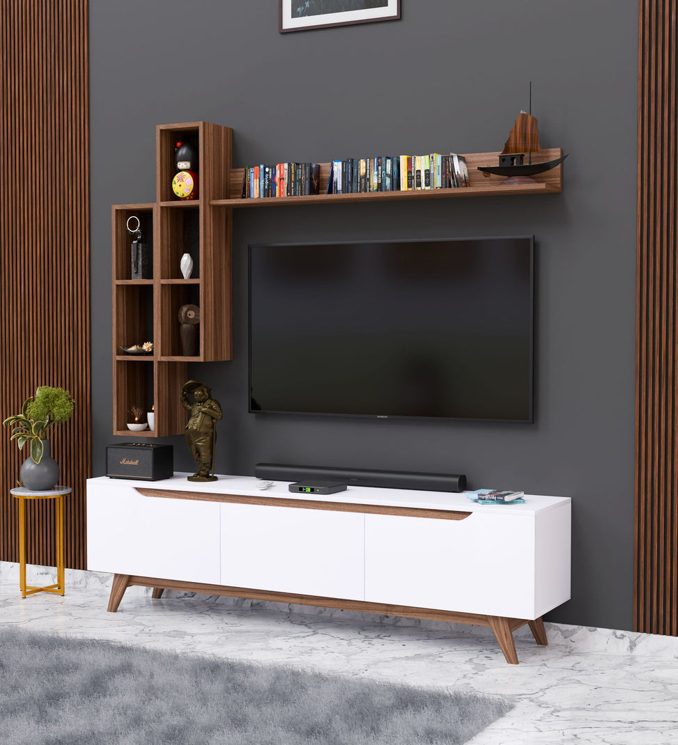 Spyder Craft D1 Tv Unit With Wall Shelf Tv Stand With Bookshelf Wall Mounted Shelf Modern Leg 180 cm White - Miniature Walnut M16