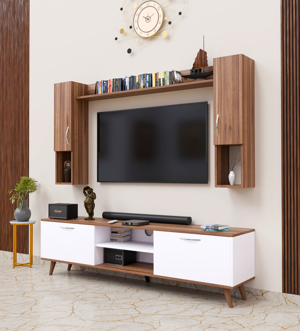 Spyder Home Decore Craft Matte Finish M5 Tv Unit with Wall Shelf, Wall Mounted with Shelf Modern Leg, 180 Cm Color: White and Noce Lyon || Assembly -DIY (Do-It-Yourself)