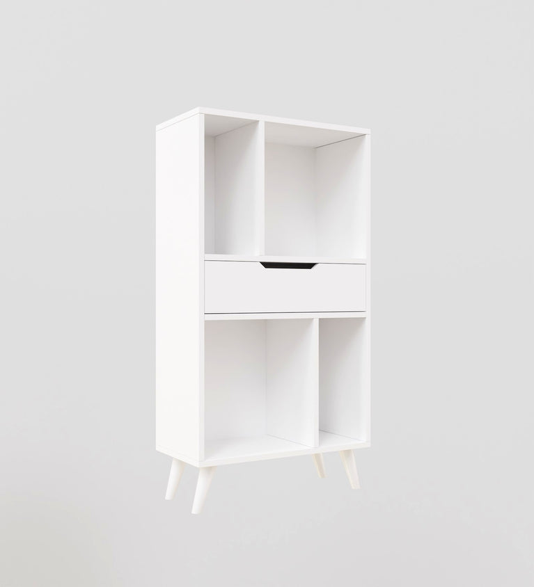 Spydercraft Matte Finish Snover Bookshelf| Modern White Bookshelf with Drawer – Stylish & Compact Storage Unit for Home & Office| Color: White| Do- It- Yourself Product