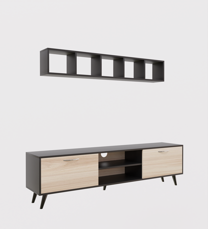 SPYDER CRAFT Sapphire Engineered Wood TV Entertainment Unit Stand Setup Box/TV Cabinet with Wall Mounted Cabinet for Books & Decor Display Unit- Black and Asian Walnut Light (Assembly-DIY)