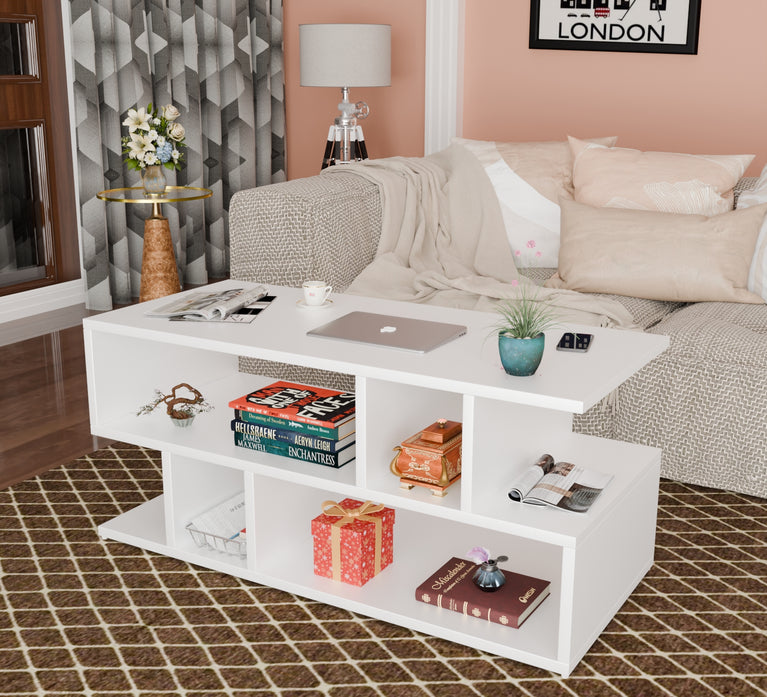 Spydercraft Zig Zag Bedside Table in White Finish | Modern Wooden Nightstand with Open Shelves | Engineered Wood Side Table