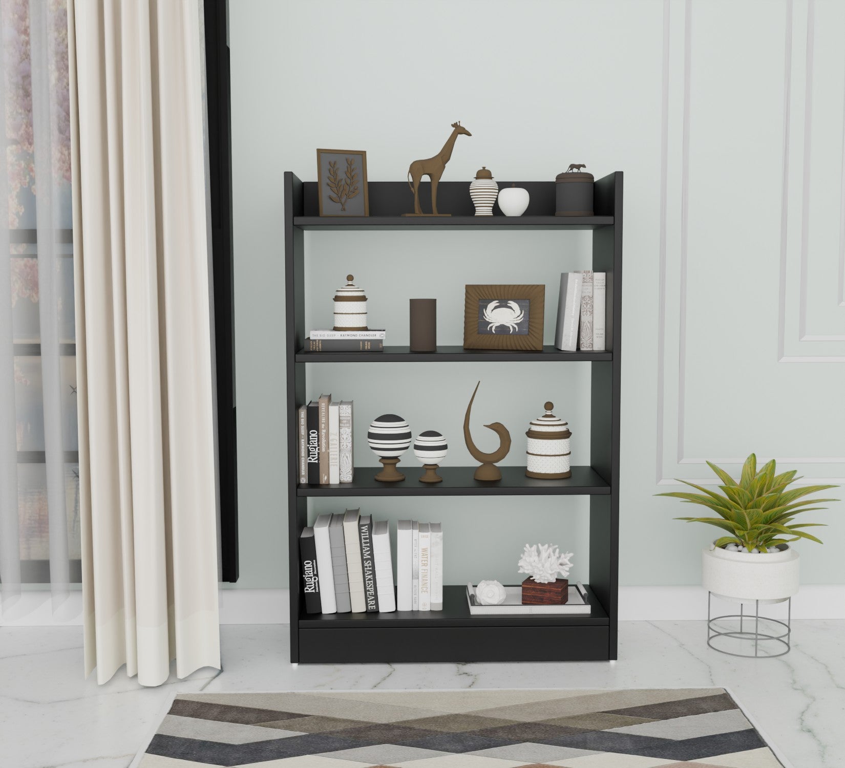 Modern 4-Tier Open Bookshelf – Engineered Wood Storage Rack for Living Room, Study & Bedroom | 91 × 61 × 24 cm| Color: Black