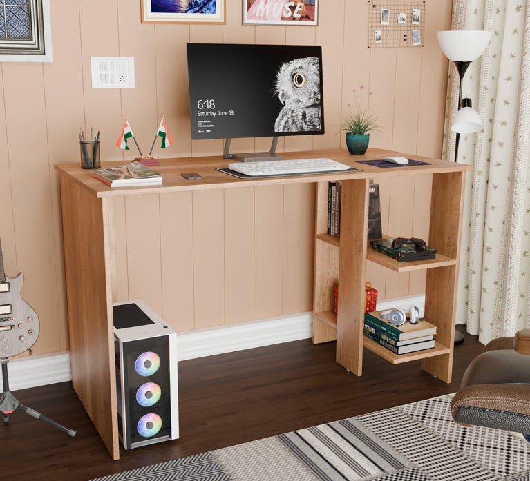 Spydercraft Modern Study Table with Storage Shelves in Canyon Oak Finish | Minimalist Computer Desk for Home & Office