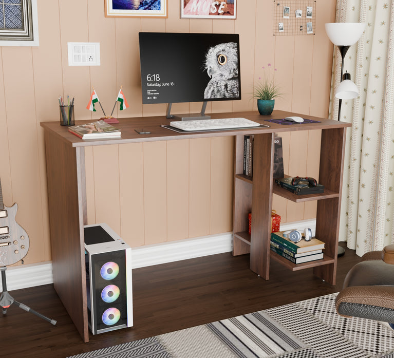 Spydercraft Modern Study Table with Storage Shelves in Columbian Walnut Finish | Stylish Computer Desk for Home & Office