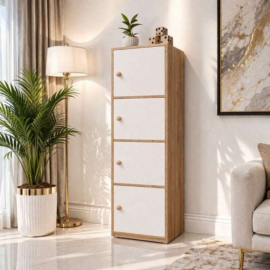 4-Tier Multipurpose Storage Cabinet – Compact Vertical Organizer (White & Canyon Oak Finish)