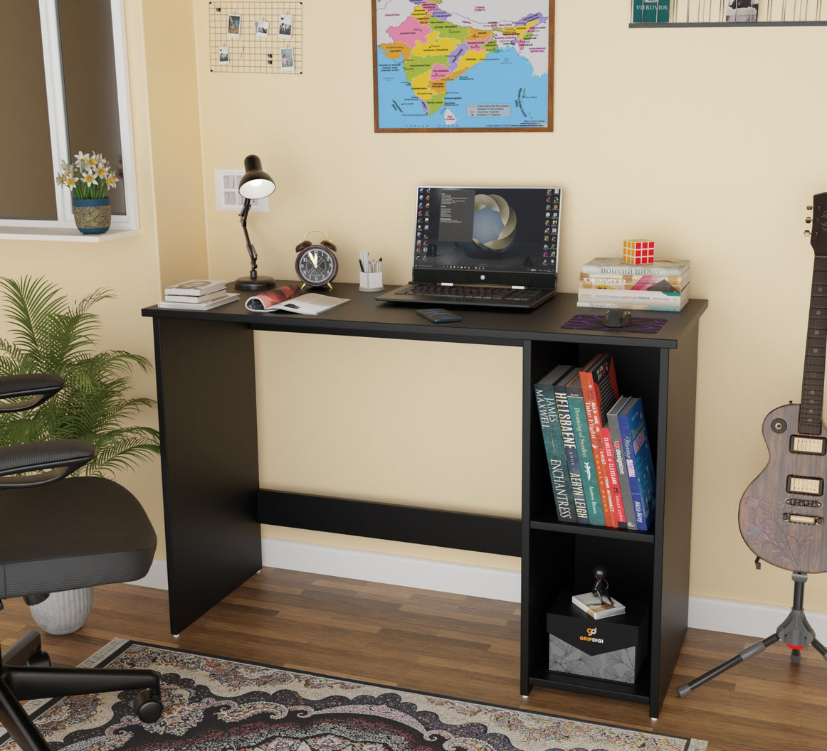 Spydercraft Orchid Study Table | Modern Study & Office Desk with Open Storage Shelves | Engineered Wood Writing Table for Home & Office | Black Finish