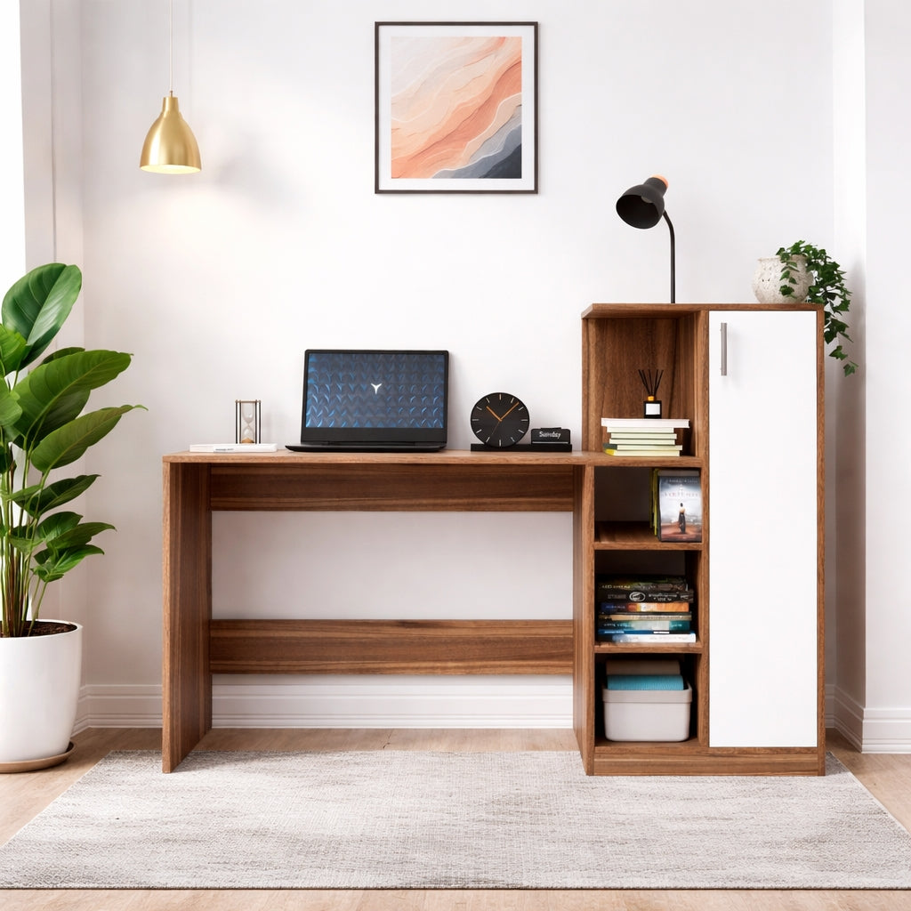 Spydercraft Noce Lyon & White Engineered Wood DYNA Study Table with Storage Cabinet – Modern Multipurpose Desk with Shelves